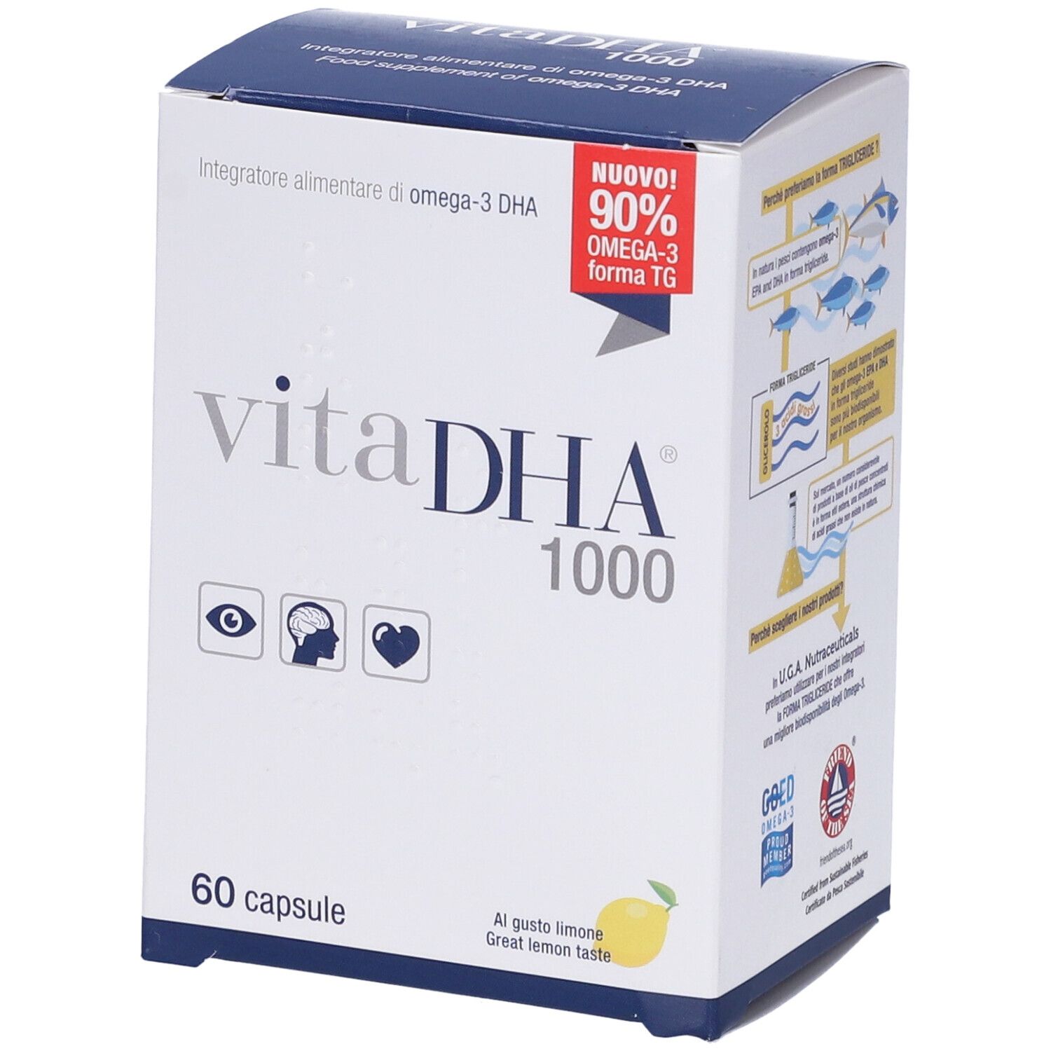Boîte blanche "vitaDHA 1000" avec 60 capsules. Contient 90% d'oméga-3. Icônes: œil, cerveau, cœur.