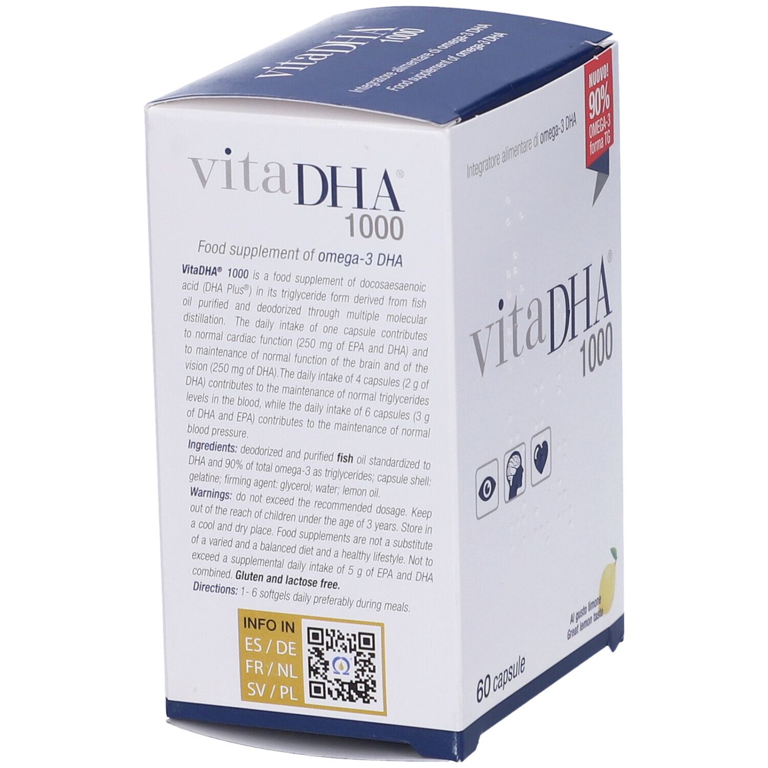 Boîte blanche "vitaDHA 1000" avec texte et 60 capsules. Contient 90% oméga-3. Texte en allemand, anglais, français, néerlandais.