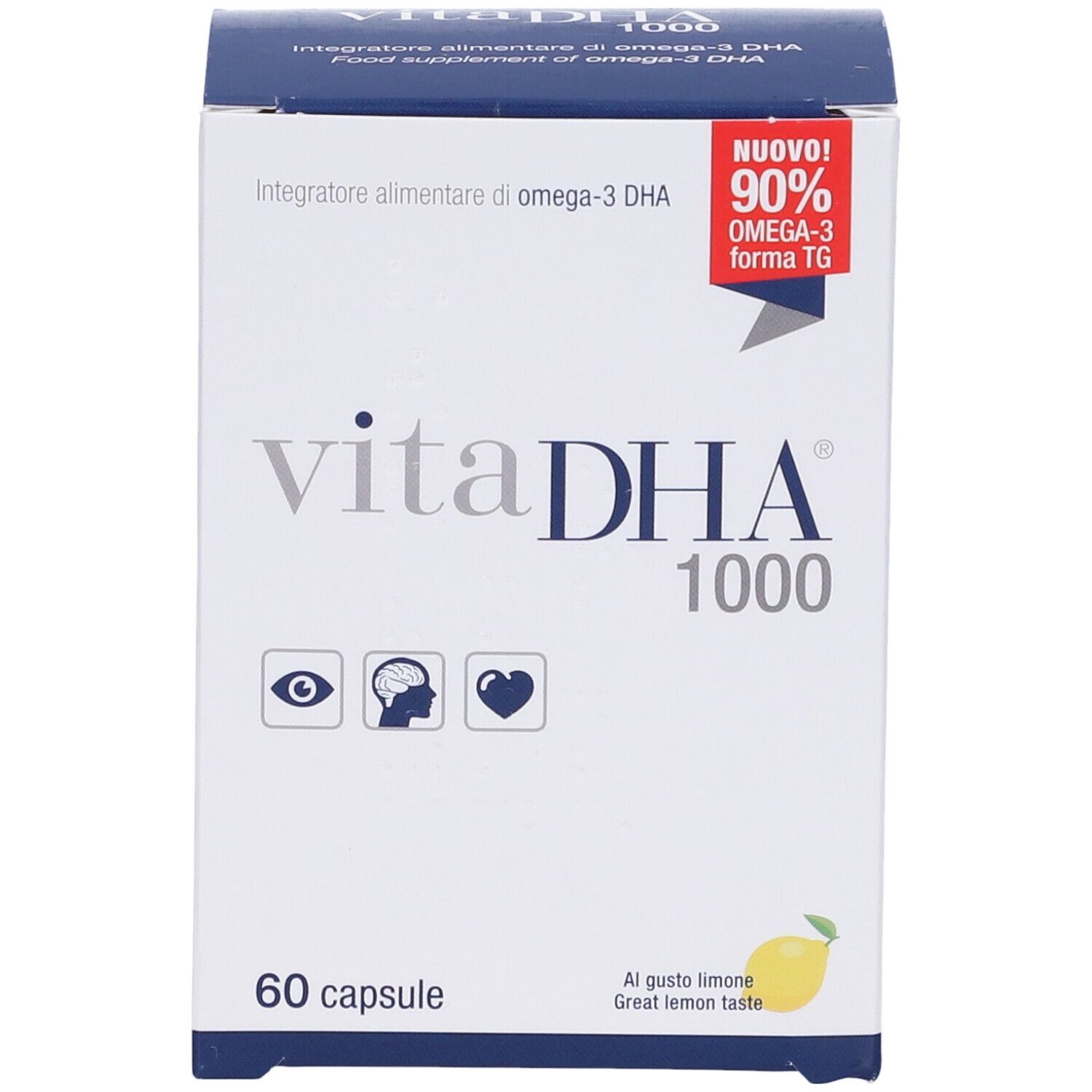 Boîte blanche "vitaDHA 1000" avec 60 capsules. Contient 90% d'oméga-3. Icônes: œil, cerveau, cœur.