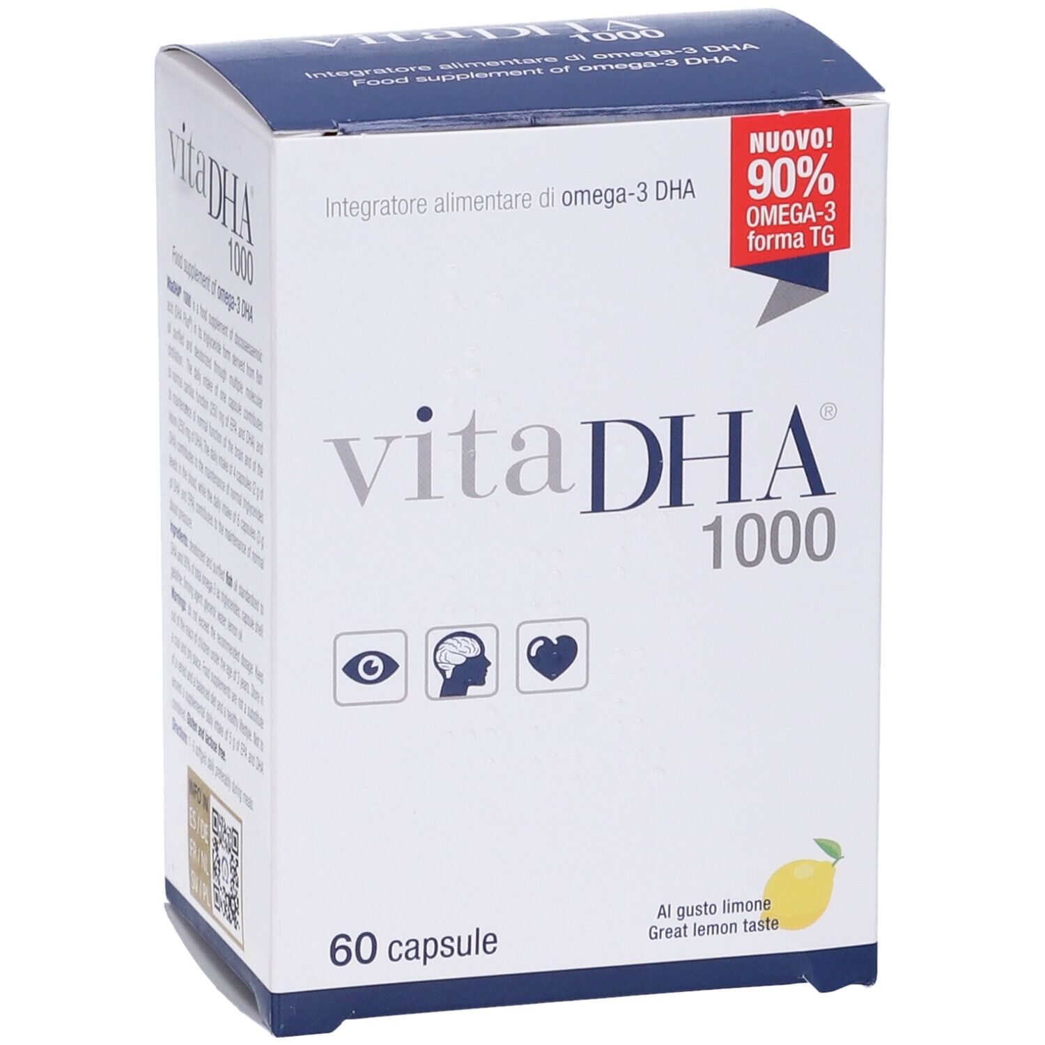 Boîte blanche "vitaDHA 1000" avec 60 capsules. Contient 90% d'oméga-3. Icônes: œil, cerveau, cœur.