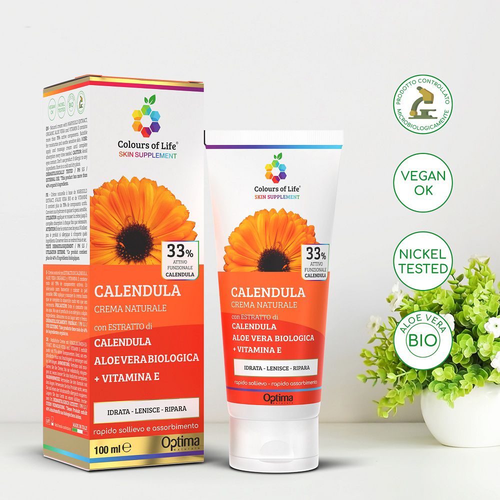 Crème Optima Calendula avec sceaux : Vegan, Nickel Tested, Bio, testée dermatologiquement.
