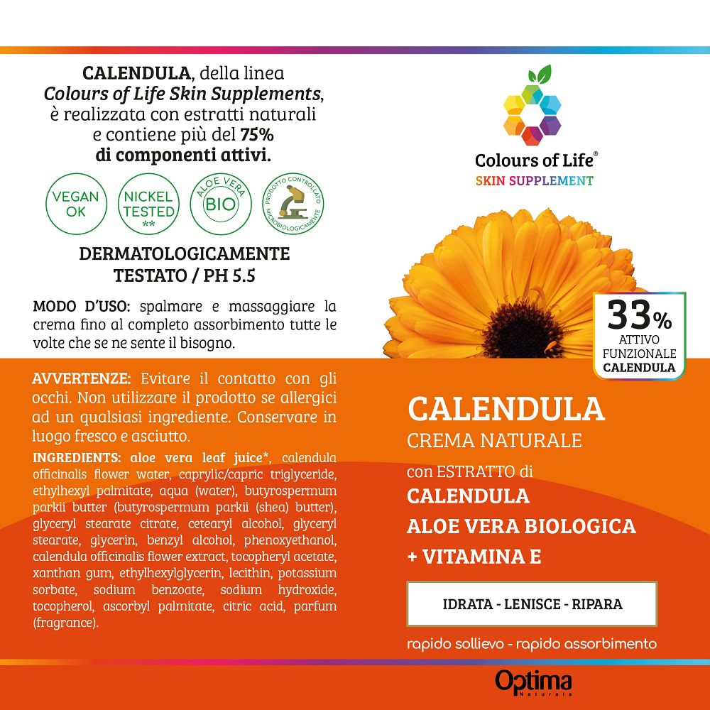 Arrière de l'emballage de la crème Optima Calendula avec ingrédients et instructions.