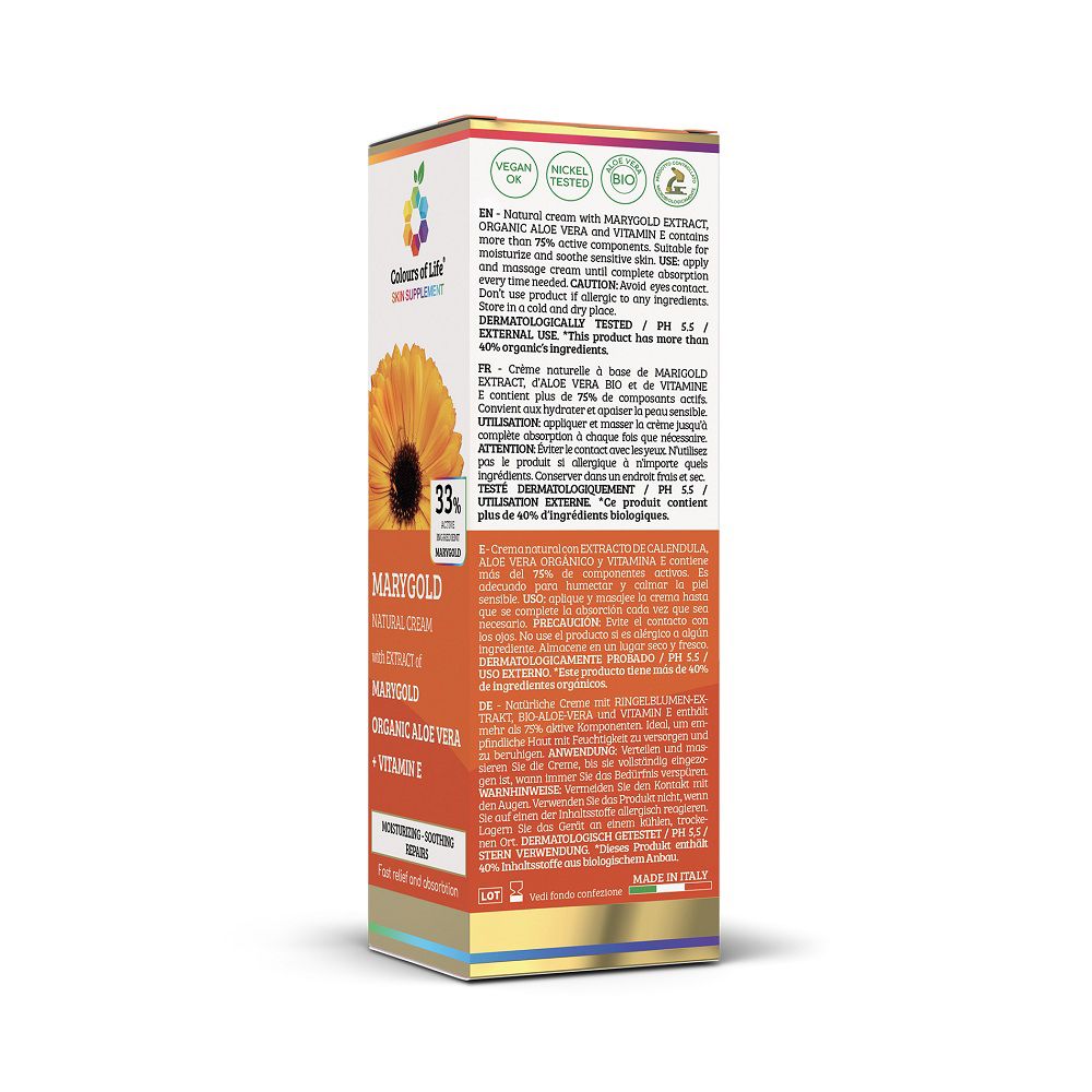 Vue latérale de la boîte de crème Optima Calendula avec informations détaillées.