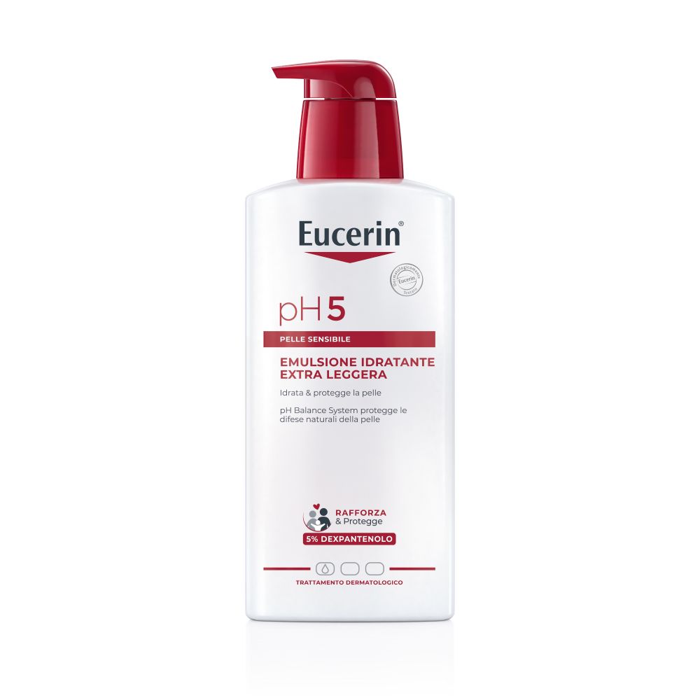 Flacon blanc avec pompe rouge. Inscription : Eucerin pH5, Emulsion, extra leggera. Testé dermatologiquement.
