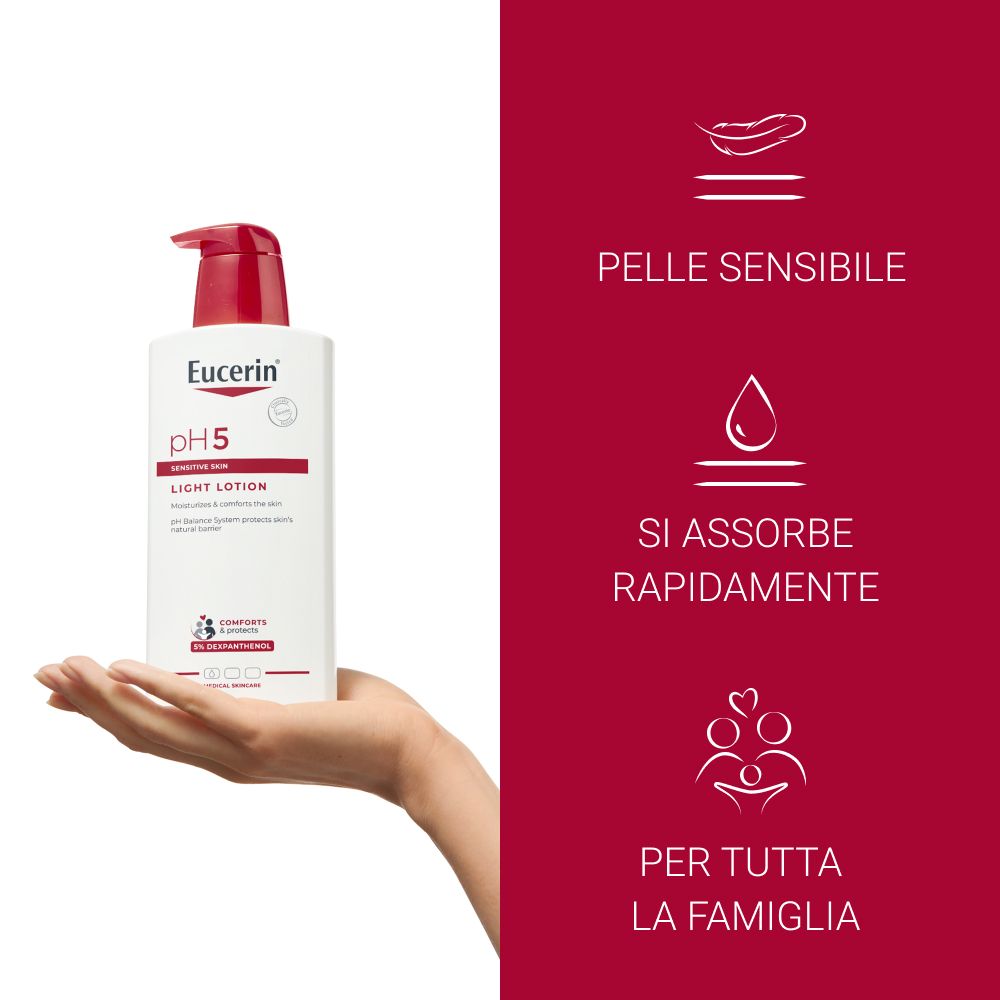Main tenant un flacon. Texte : pH5, Light Lotion, pour peaux sensibles, absorption rapide, pour toute la famille.