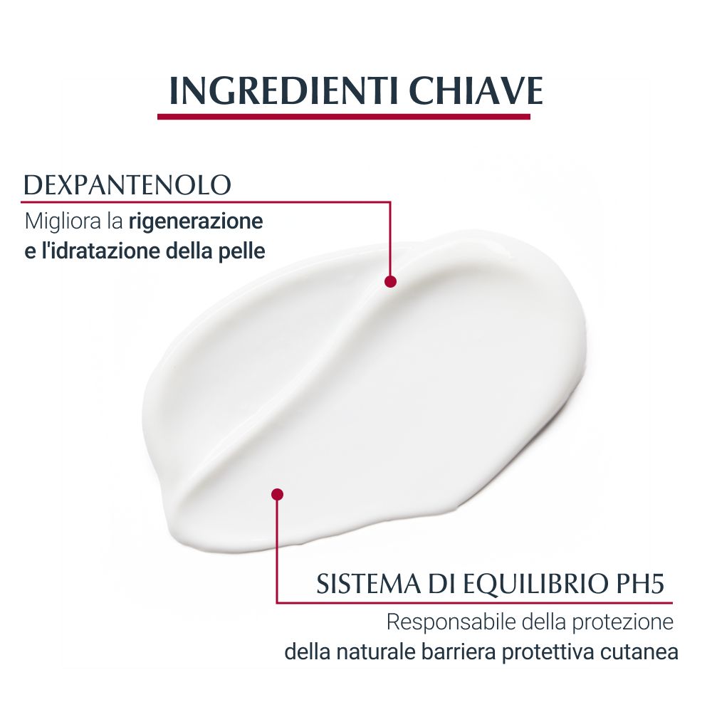 Gros plan sur la crème. Texte : Dexpanthenol, améliore la régénération de la peau. Système d'équilibre pH5.