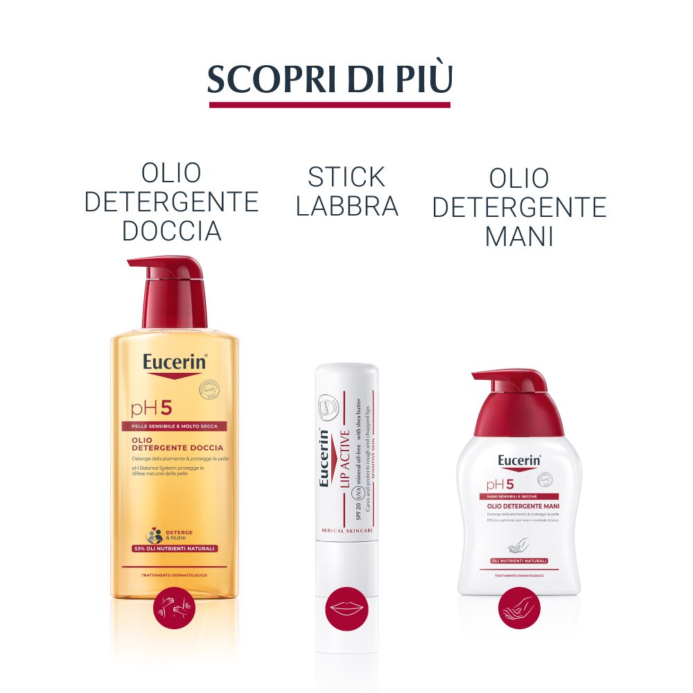 Trois produits : huile de douche, rouge à lèvres, huile lavante pour les mains. Tous avec Eucerin pH5.
