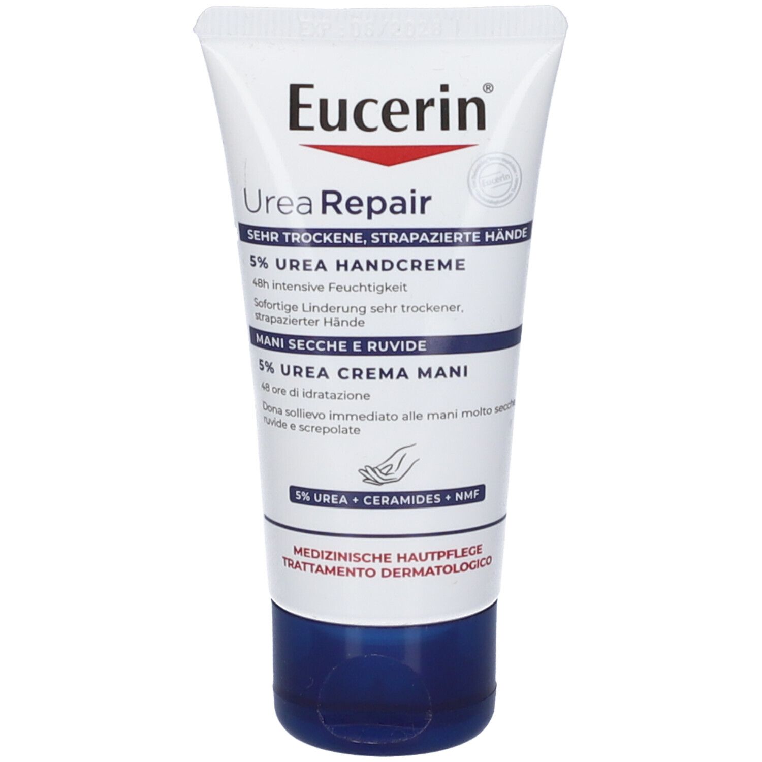 Tube de crème pour les mains Eucerin Urea Repair. Tube blanc avec bouchon bleu. Texte: 5% Urea Handcreme, soin médical de la peau.