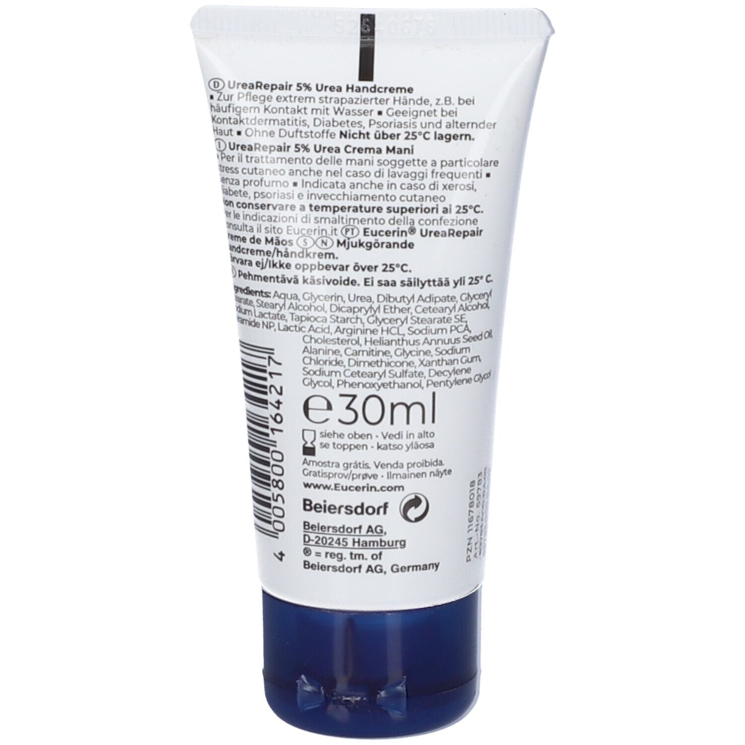 Dos du tube de crème pour les mains Eucerin Urea Repair. Texte et ingrédients. E30ml.