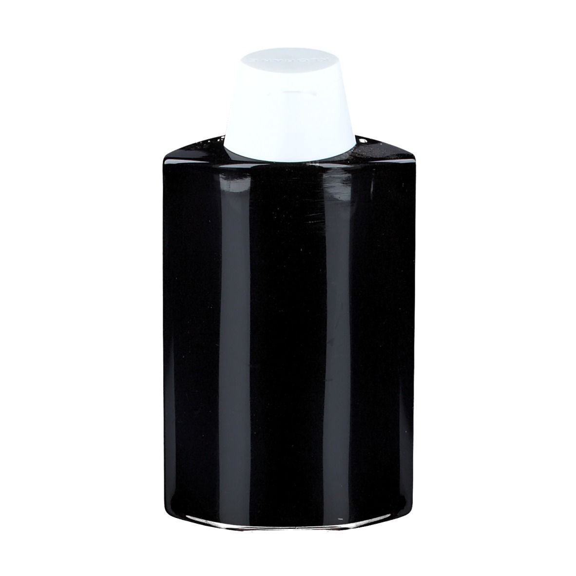 Schwarze, zylindrische Flasche mit weißem Deckel. Keine Beschriftung sichtbar.