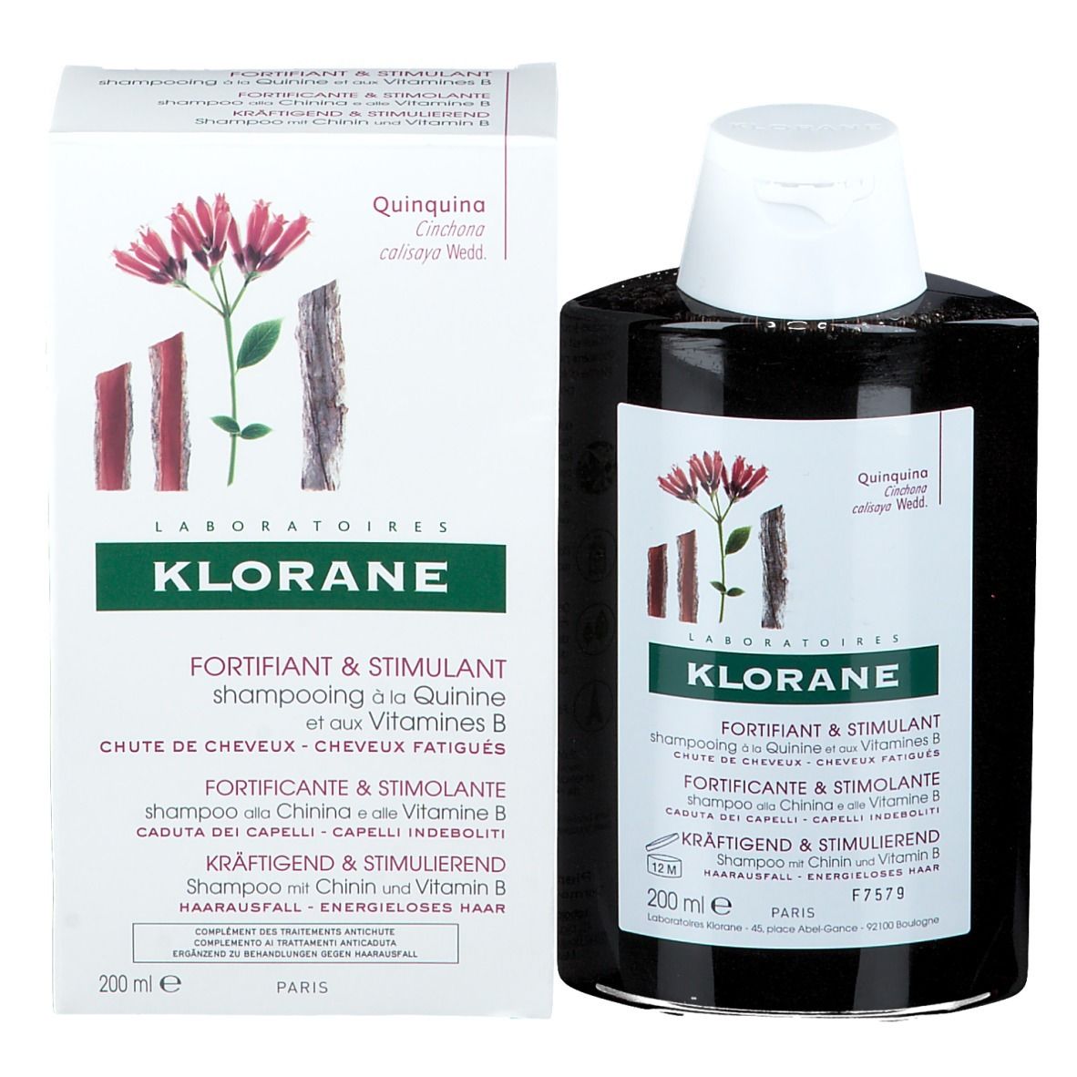 Produktflasche und Verpackung. Flasche: schwarz, weißer Deckel, Etikett. Verpackung: weiß, Produktname und Illustrationen.