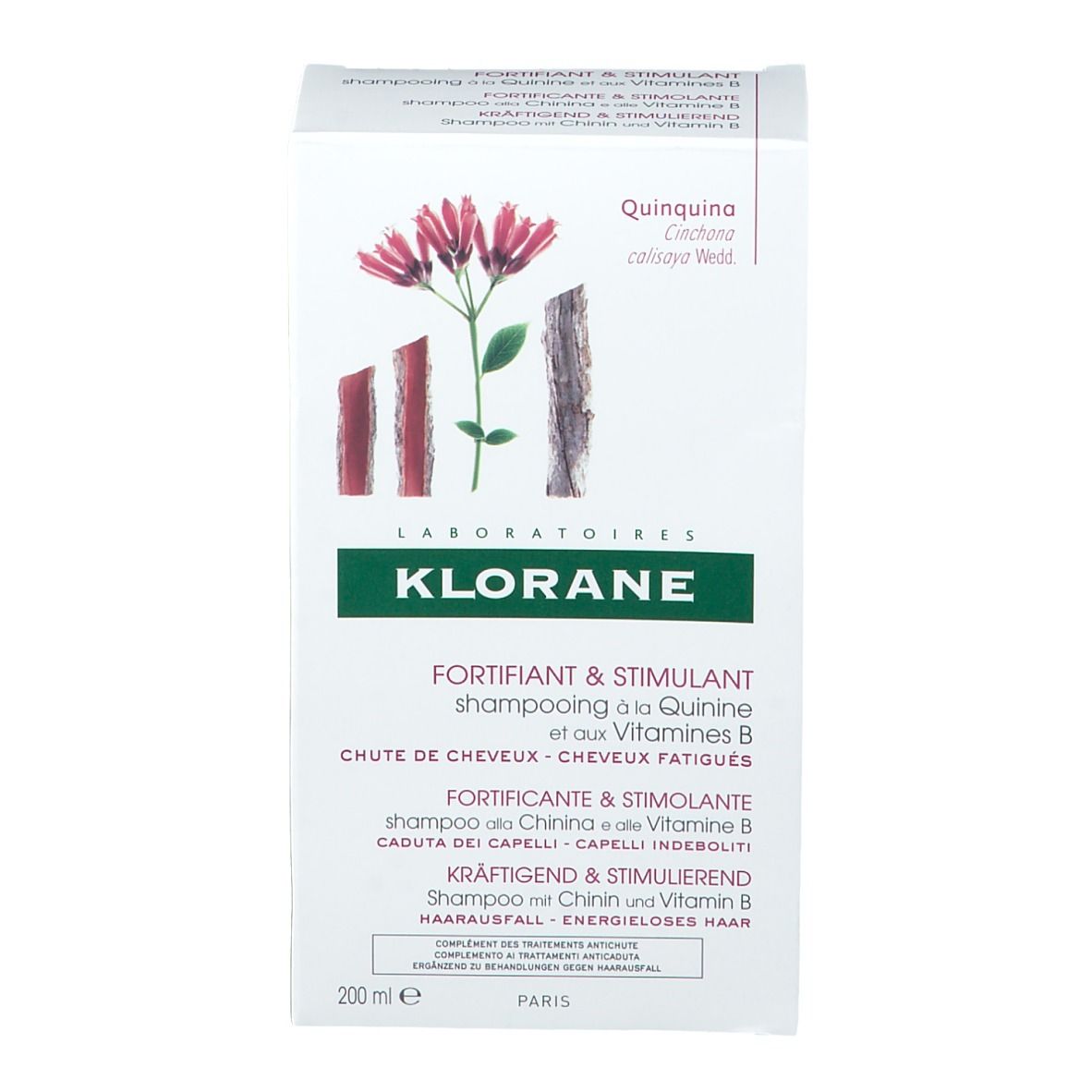 Weiße Verpackung mit Produktnamen und Illustrationen. Text: KLORANE, Shampoo mit Chinin und Vitamin B.