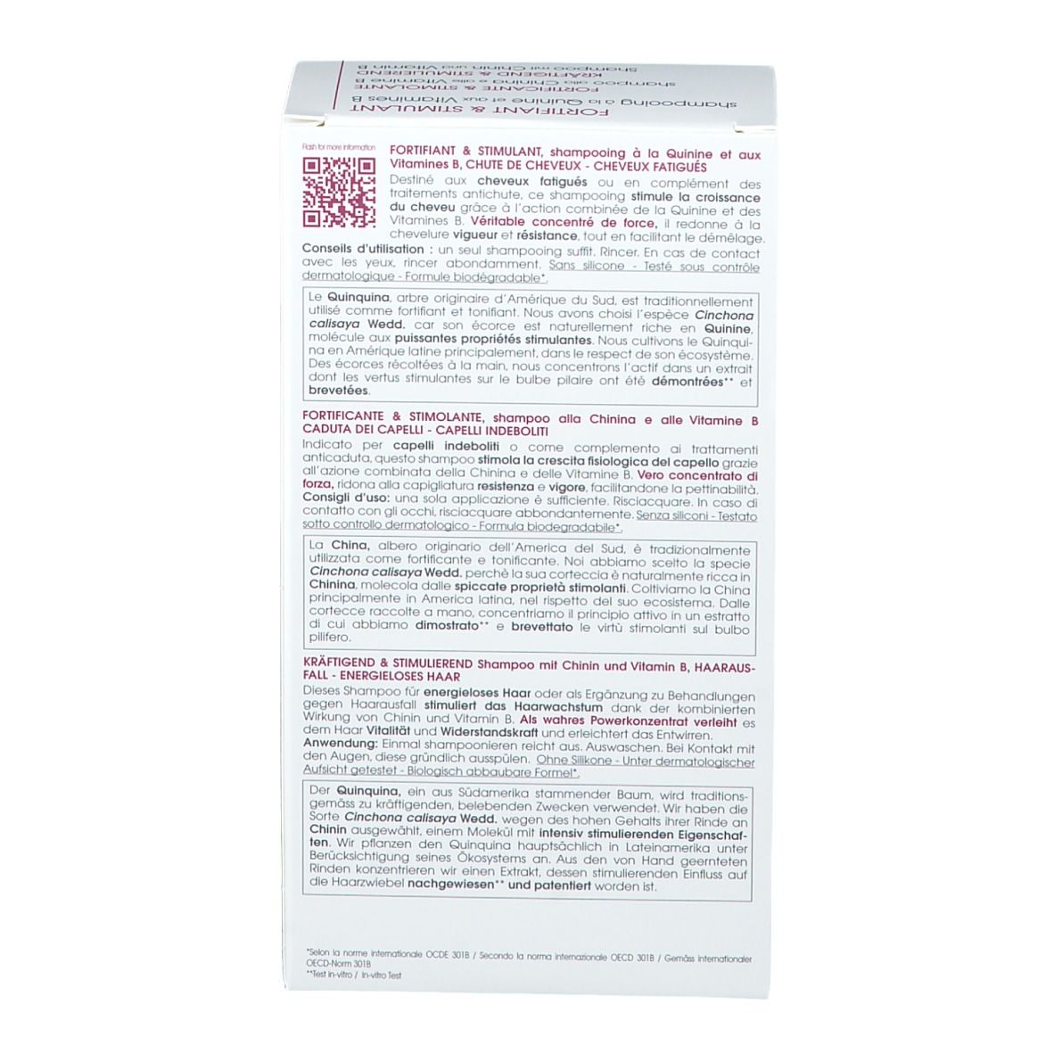 Weiße Verpackung, Rückseite. Text in mehreren Sprachen. Informationen über das Produkt und die Anwendung.