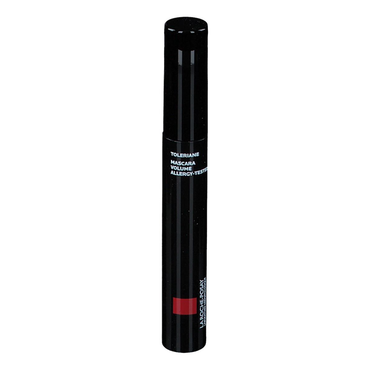 Mascara noire avec accent rouge. Texte: Toleiane Mascara Volume. Marque: La Roche-Posay.