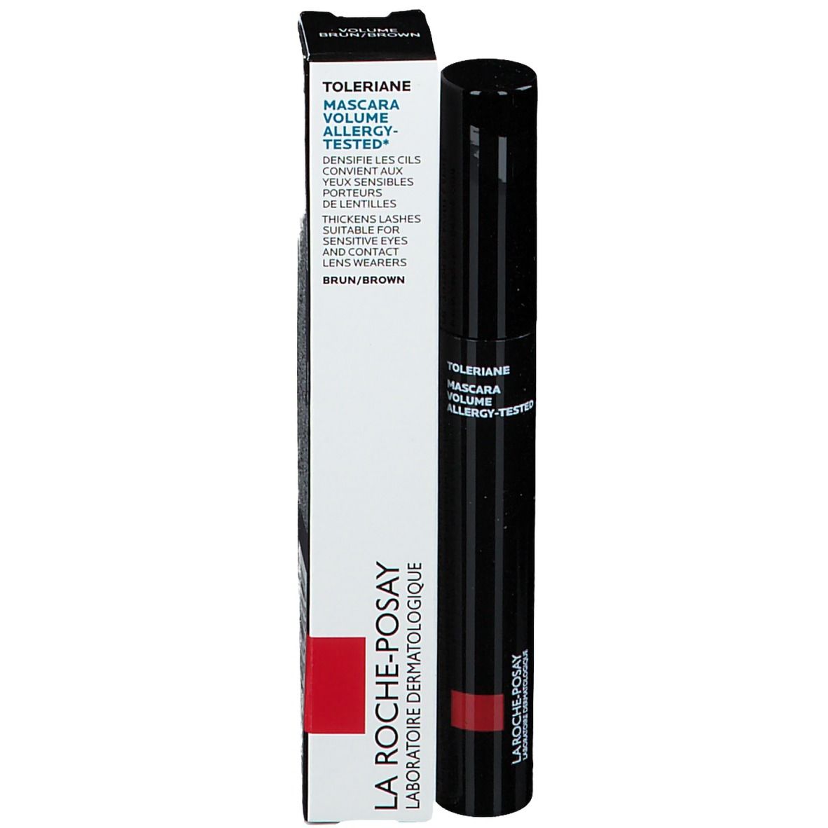 Mascara noir et emballage. Texte: Toleiane Mascara Volume. Marque: La Roche-Posay.