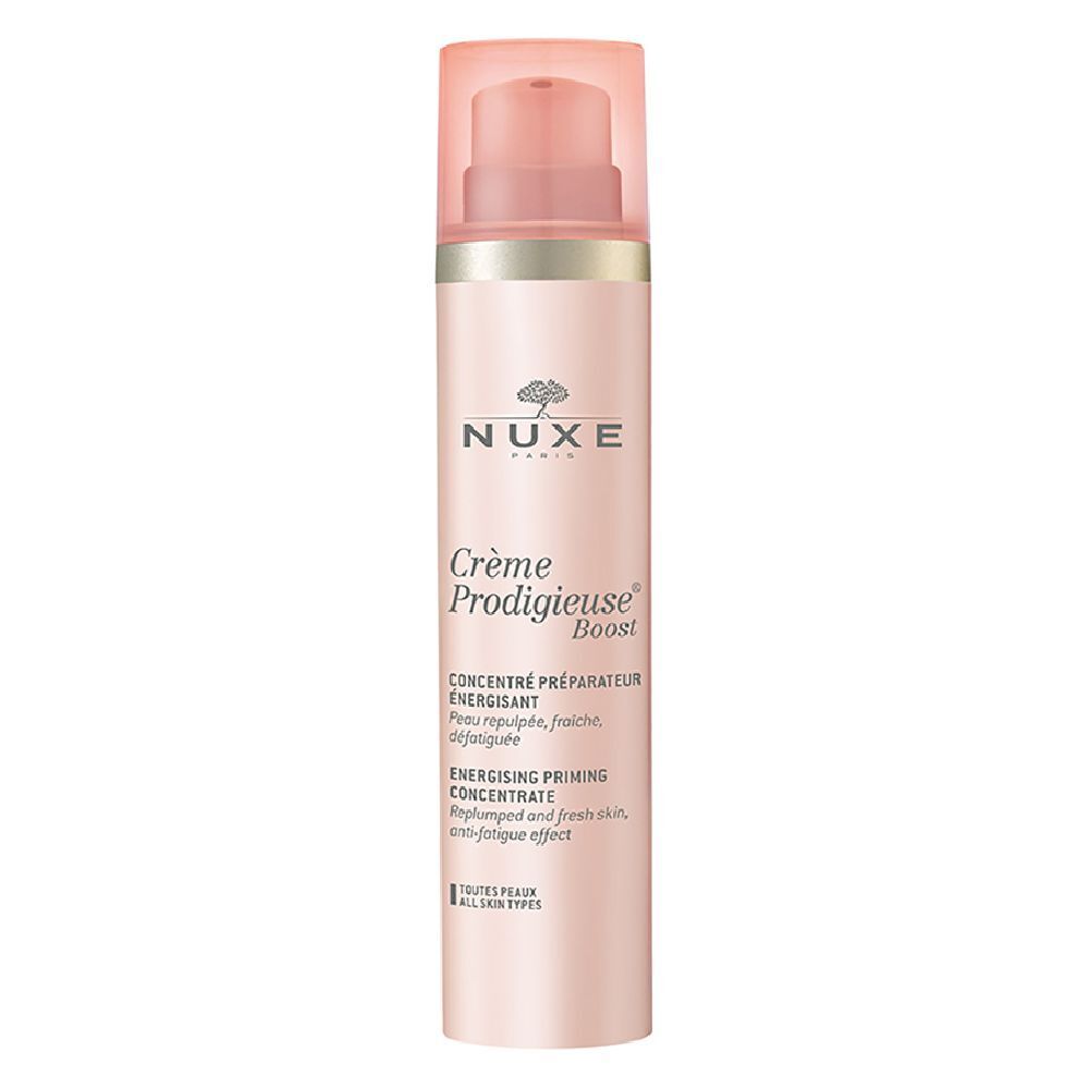 Rosa Flasche mit Pumpe. Text: NUXE, Crème Prodigieuse Boost. Konzentrat für Energie.