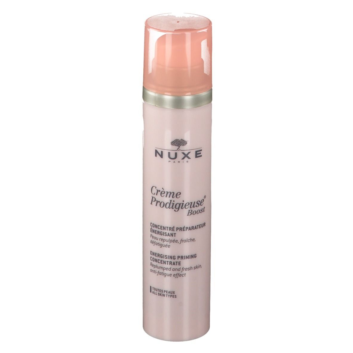 Rosa Flasche mit Pumpe. Text: NUXE, Crème Prodigieuse Boost. Konzentrat für Energie.