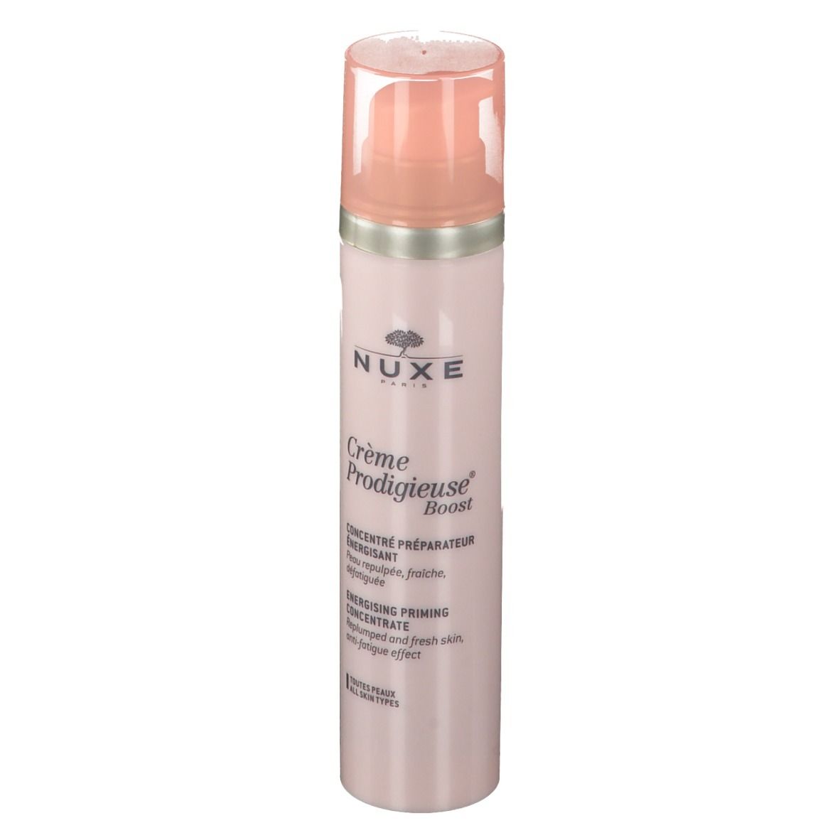 Rosa Flasche mit Pumpe. Text: NUXE, Crème Prodigieuse Boost. Konzentrat für Energie.