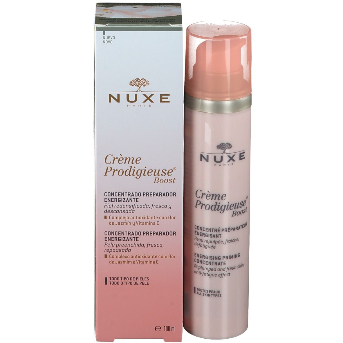 Rosa Flasche mit Pumpe und Verpackung. Text: NUXE, Crème Prodigieuse Boost. Konzentrat.