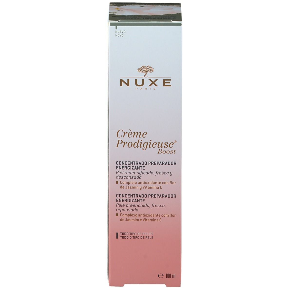 Verpackung mit Text: NUXE, Crème Prodigieuse Boost. Konzentrat für Energie. Rosa und weiß.