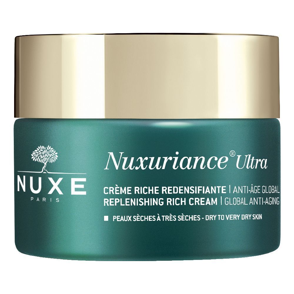 Pot NUXE Nuxuriance Ultra. Vert, couvercle doré. Texte: Nuxuriance Ultra, crème, Peaux sèches à très sèches.