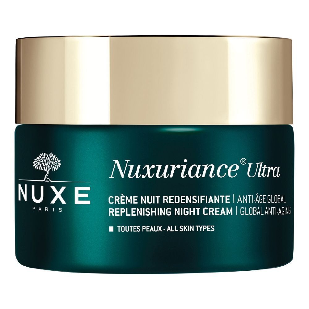 Pot vert foncé, couvercle doré. Inscription: NUXE, Nuxuriance Ultra, crème de nuit, anti-âge global.