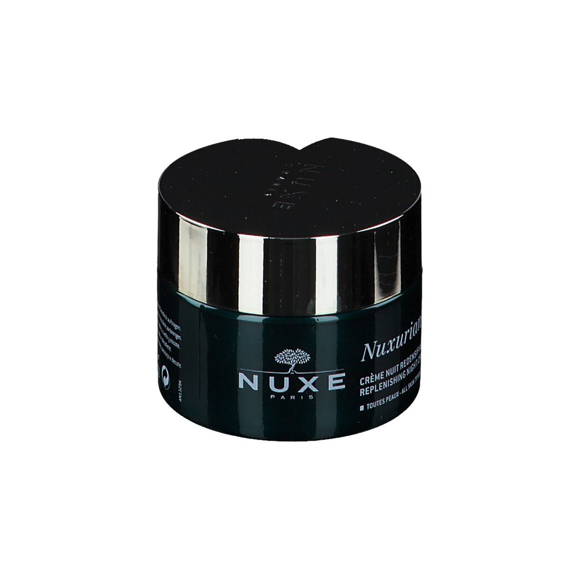Pot cylindrique avec couvercle noir. Inscription: NUXE, Nuxuriance Ultra, crème de nuit.