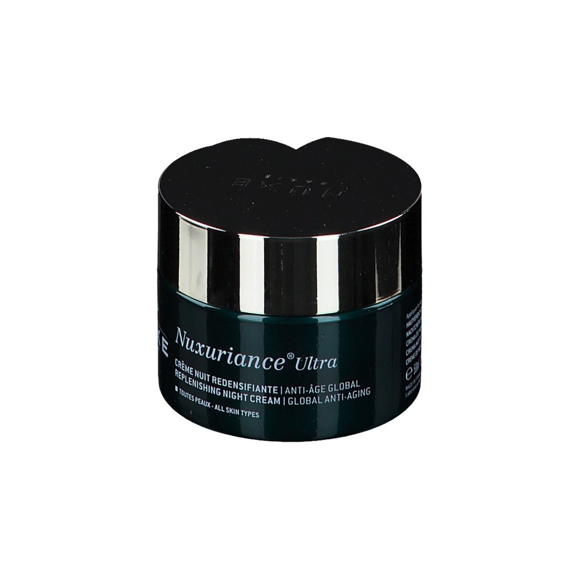 Pot cylindrique avec couvercle noir. Inscription: NUXE, Nuxuriance Ultra, crème de nuit.