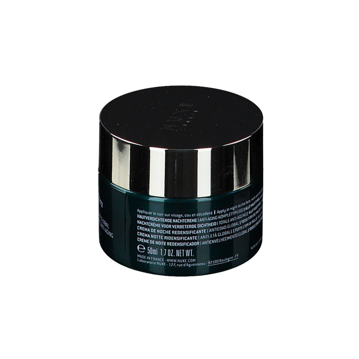 Pot cylindrique avec couvercle noir. Inscription: NUXE, Nuxuriance Ultra, crème de nuit. Dos avec texte.