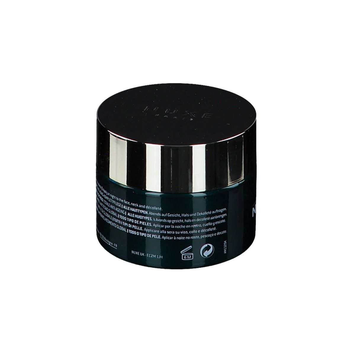 Pot cylindrique avec couvercle noir. Inscription: NUXE, Nuxuriance Ultra, crème de nuit. Dos avec texte.