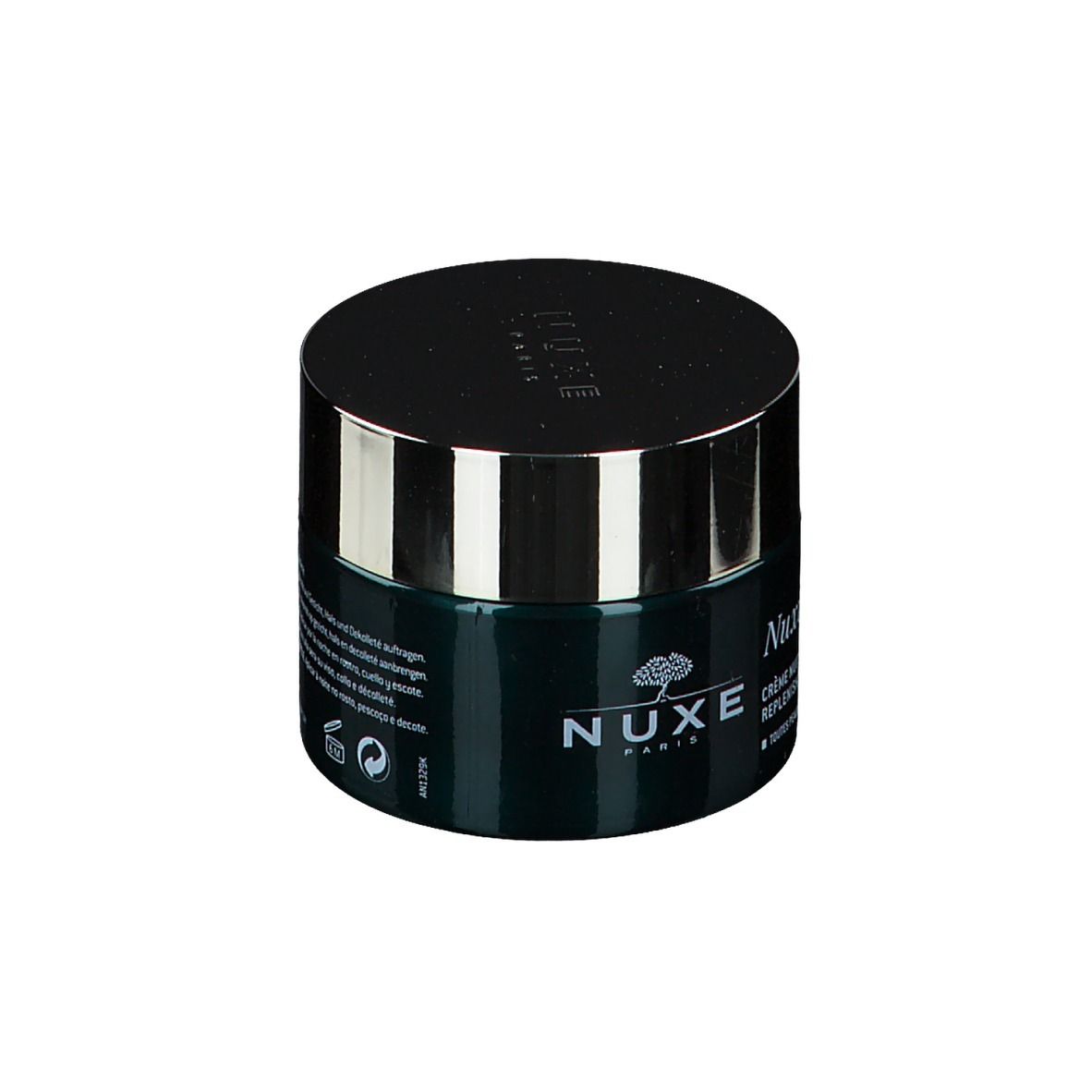 Pot cylindrique avec couvercle noir. Inscription: NUXE, Nuxuriance Ultra, crème de nuit. Dos avec texte.