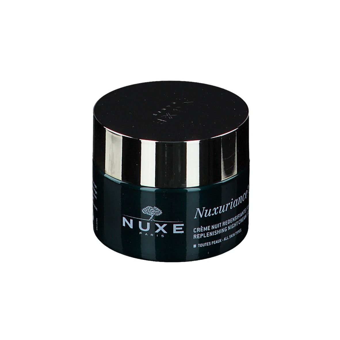 Pot cylindrique avec couvercle noir. Inscription: NUXE, Nuxuriance Ultra, crème de nuit.