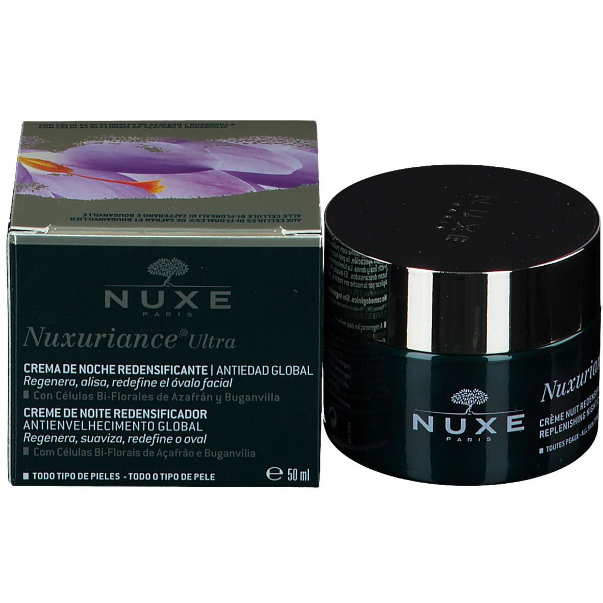 Emballage du produit avec pot et boîte. Inscription: NUXE, Nuxuriance Ultra, crème de nuit.