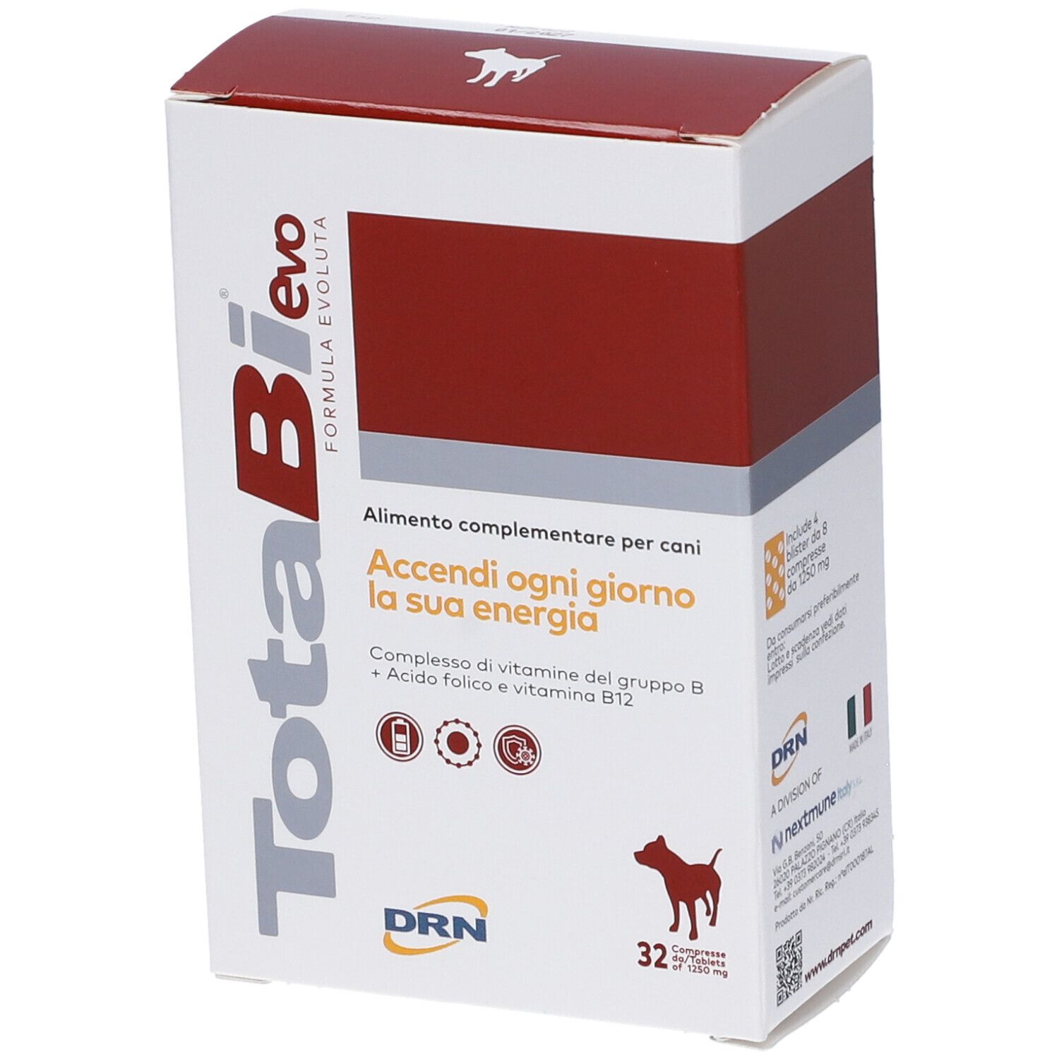 Verpackung von Nahrungsergänzungsmitteln für Hunde. Aufschrift: TotaBi evo, 32 Tabletten. Rote und weiße Farbgebung.