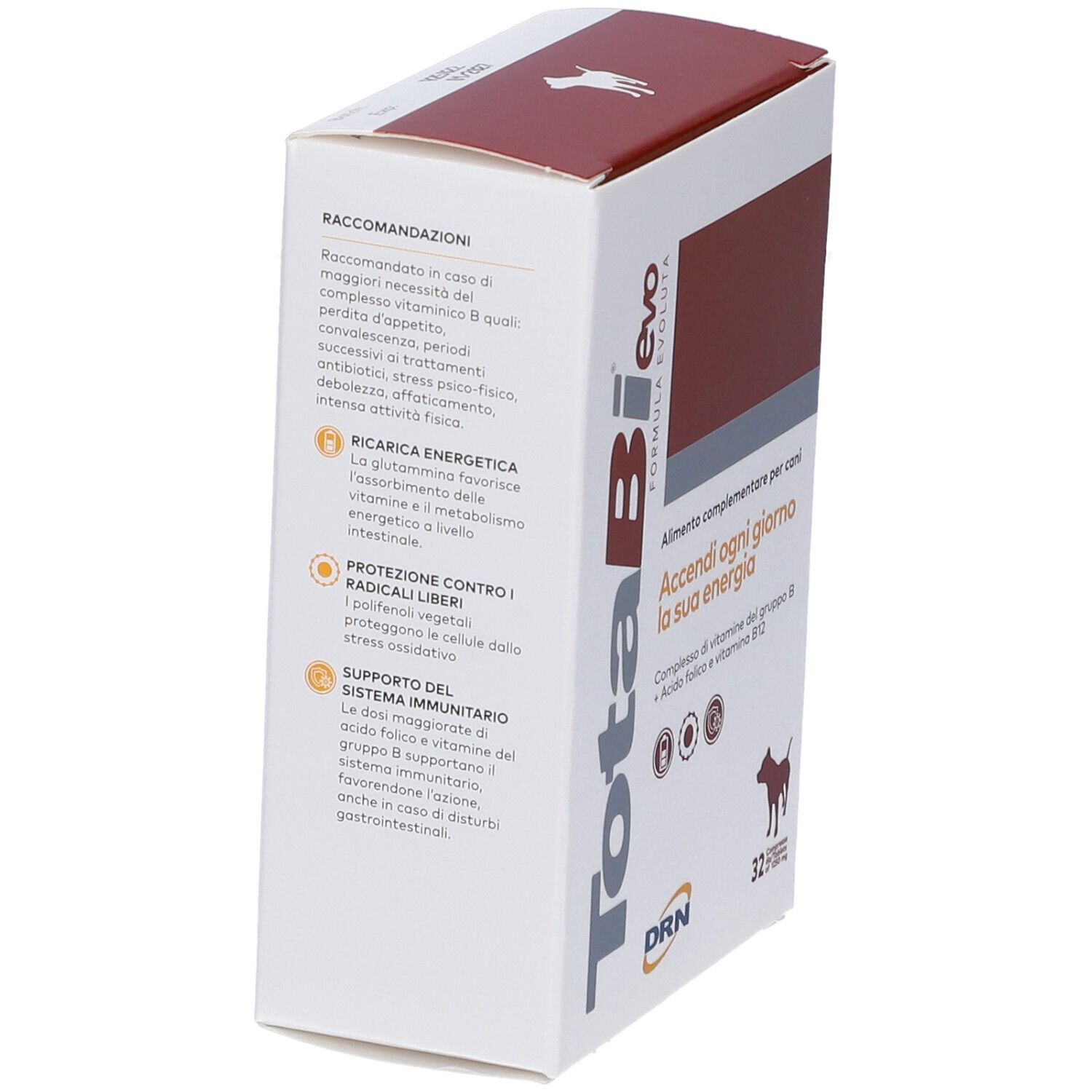 Seitenansicht der Verpackung von TotaBi evo. Text: Nahrungsergänzungsmittel für Hunde. Enthält Informationen zu Inhaltsstoffen und Anwendung.