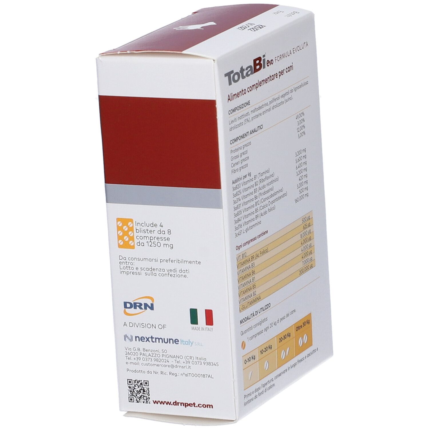 Seitenansicht der TotaBi evo Verpackung. Enthält Informationen zu Inhaltsstoffen, analytischen Bestandteilen und Dosierungsempfehlungen.