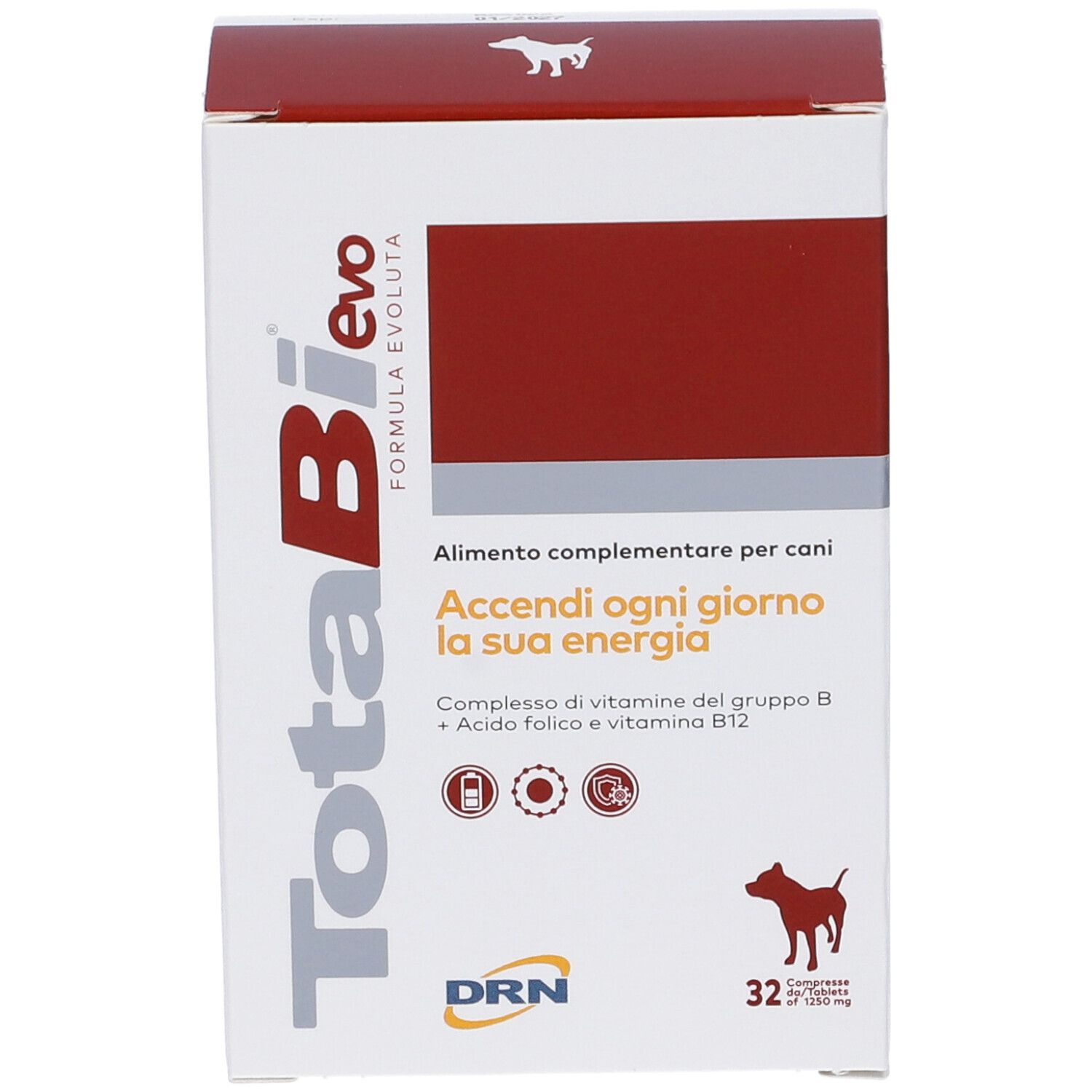 Verpackung von Nahrungsergänzungsmitteln für Hunde. Aufschrift: TotaBi evo, 32 Tabletten. Rote und weiße Farbgebung.
