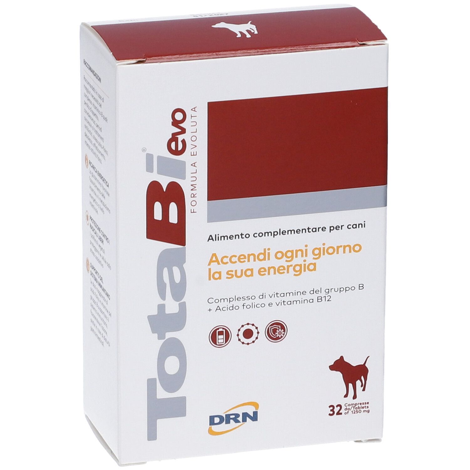 Boîte "TotaBi evo" pour chiens. Emballage rouge et blanc. Contient 32 comprimés. Drapeau italien.