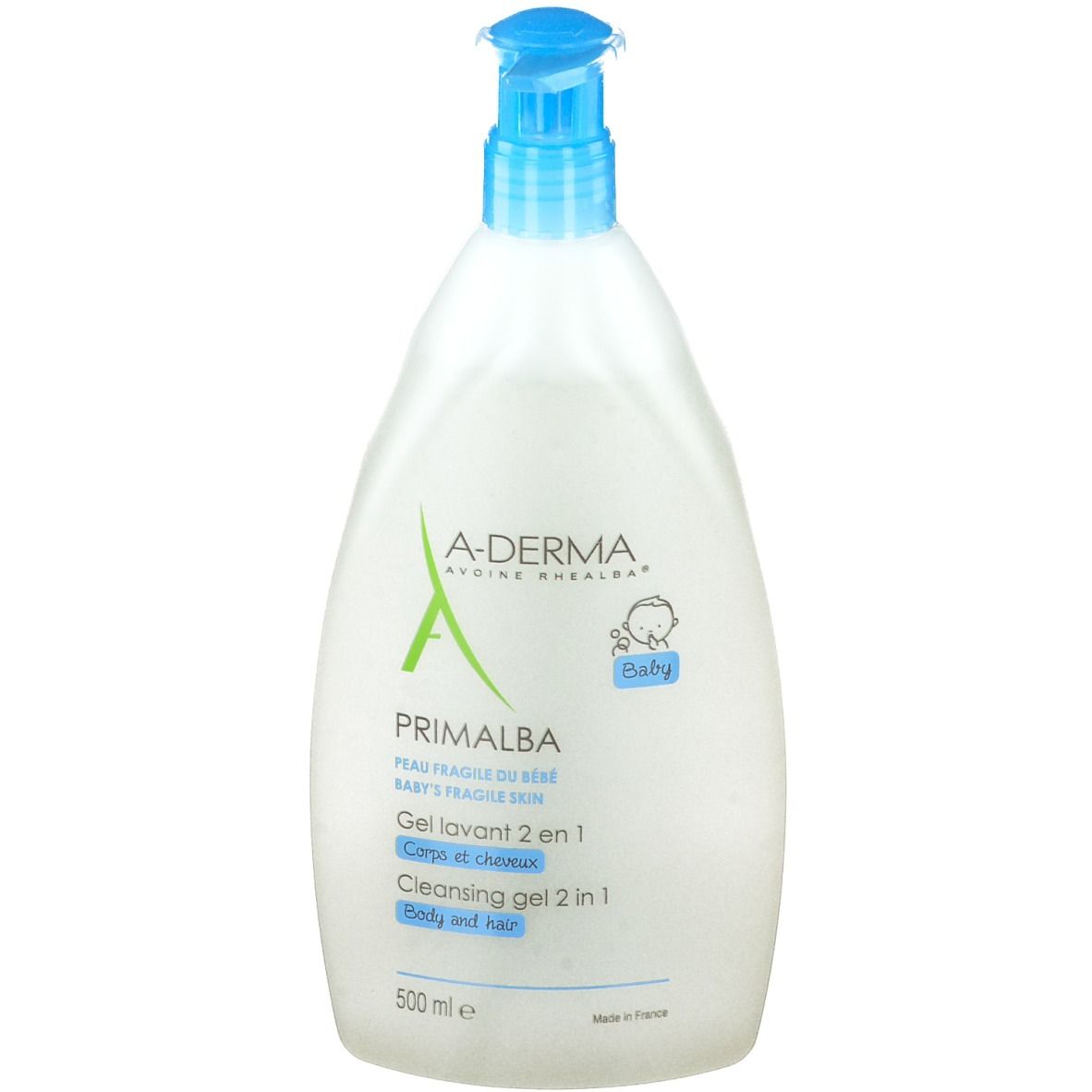Gel lavant A-Derma Primalba. Flacon blanc avec pompe bleue. Texte et logo sur le devant.