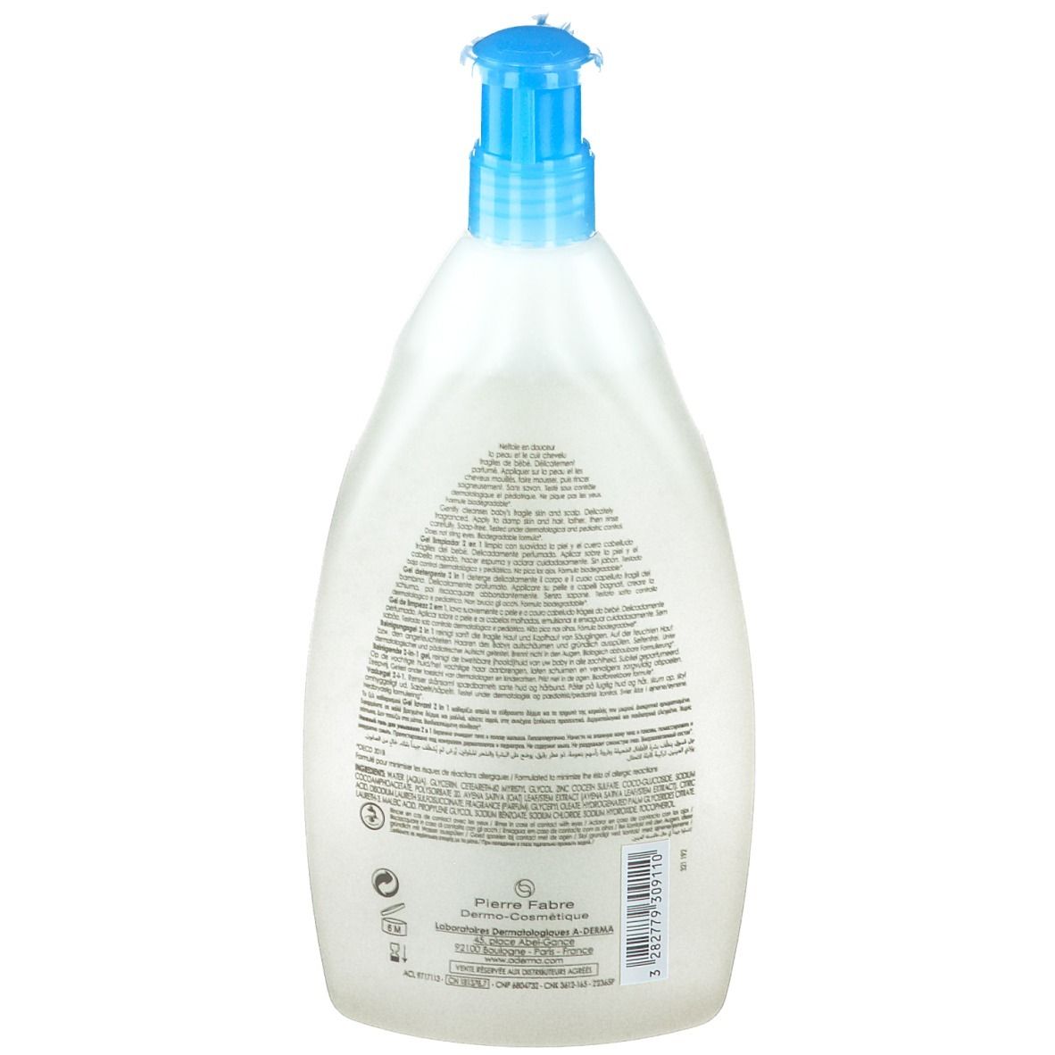 Dos du flacon A-Derma Primalba. Texte multilingue. Informations du fabricant.