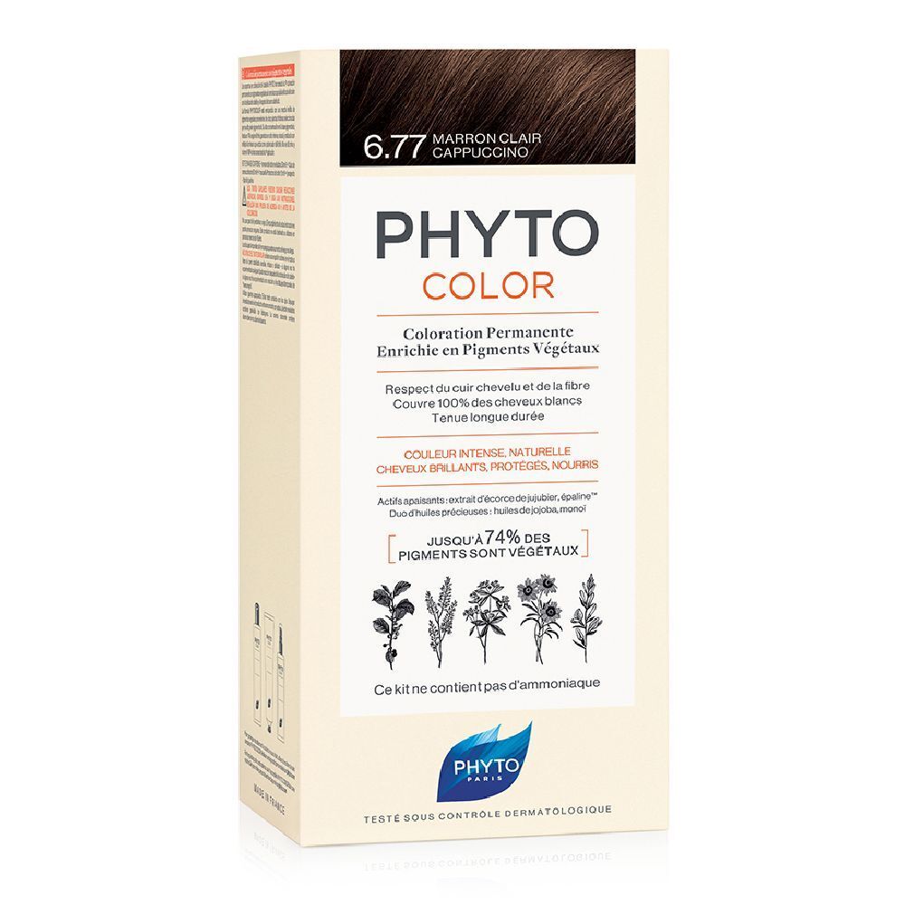 Boîte de coloration capillaire PHYTO COLOR 6.77 Marron Clair Cappuccino. Contient des pigments végétaux.