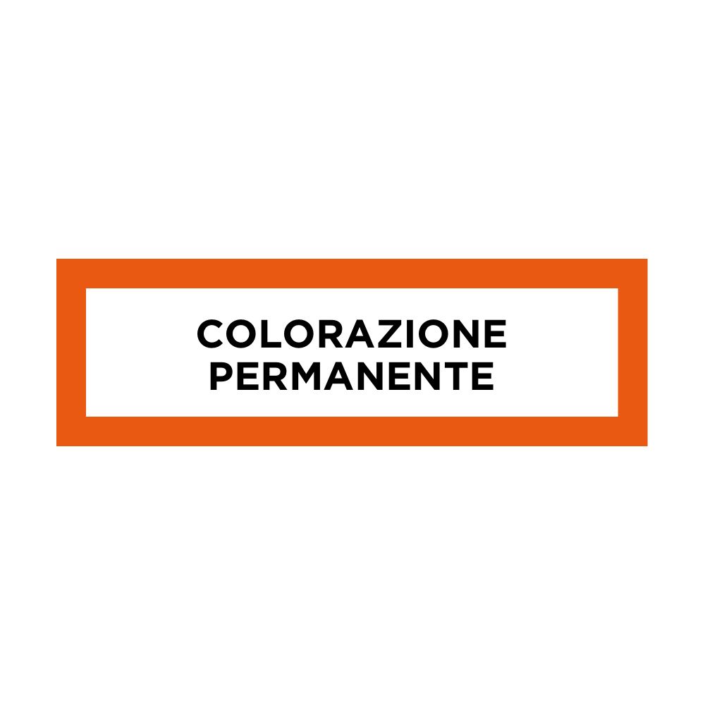 Étiquette rectangulaire avec cadre orange et texte : COLORAZIONE PERMANENTE.