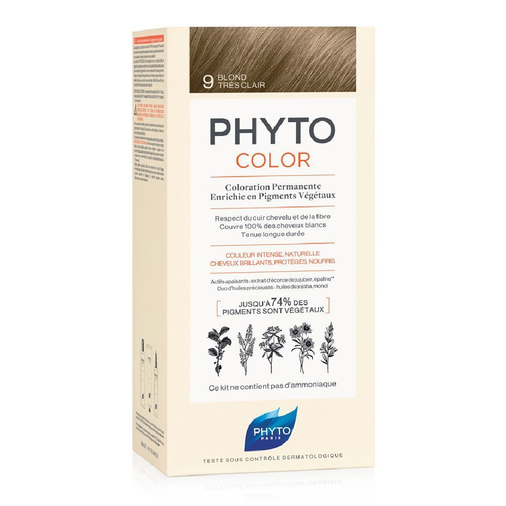Boîte PHYTOCOLOR 9 Blond Très Clair. Coloration permanente. Ingrédients végétaux. Logo et informations.