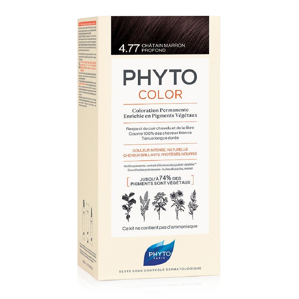 Boîte PHYTO COLOR 4.77 Châtain Marron Profond. Inscription : Coloration permanente. Jusqu'à 74% de pigments végétaux.