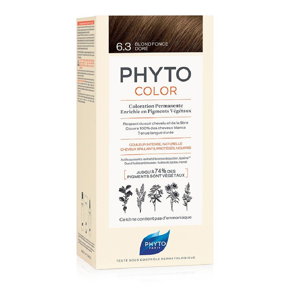 Haarfarbe-Box. Aufschrift: PHYTO COLOR, 6.3 Blond foncé doré. Enthält pflanzliche Pigmente. Dermatologisch getestet.