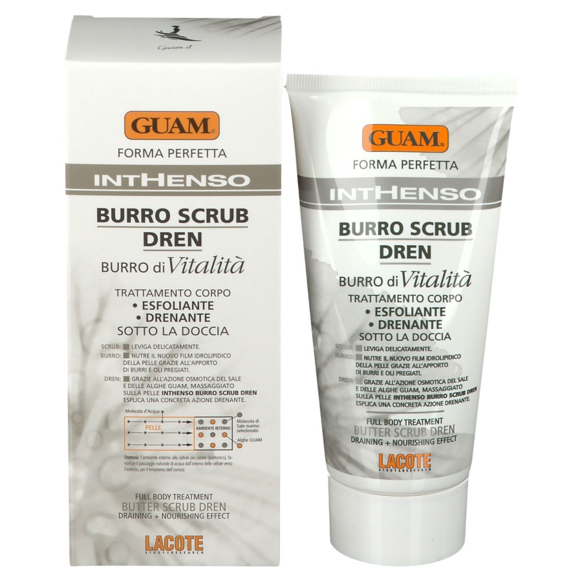 GUAM INTHENSO Burro Scrub Dren Tube und Verpackung. Produktinformationen. Weißer Hintergrund. Marke und Produktname sichtbar.