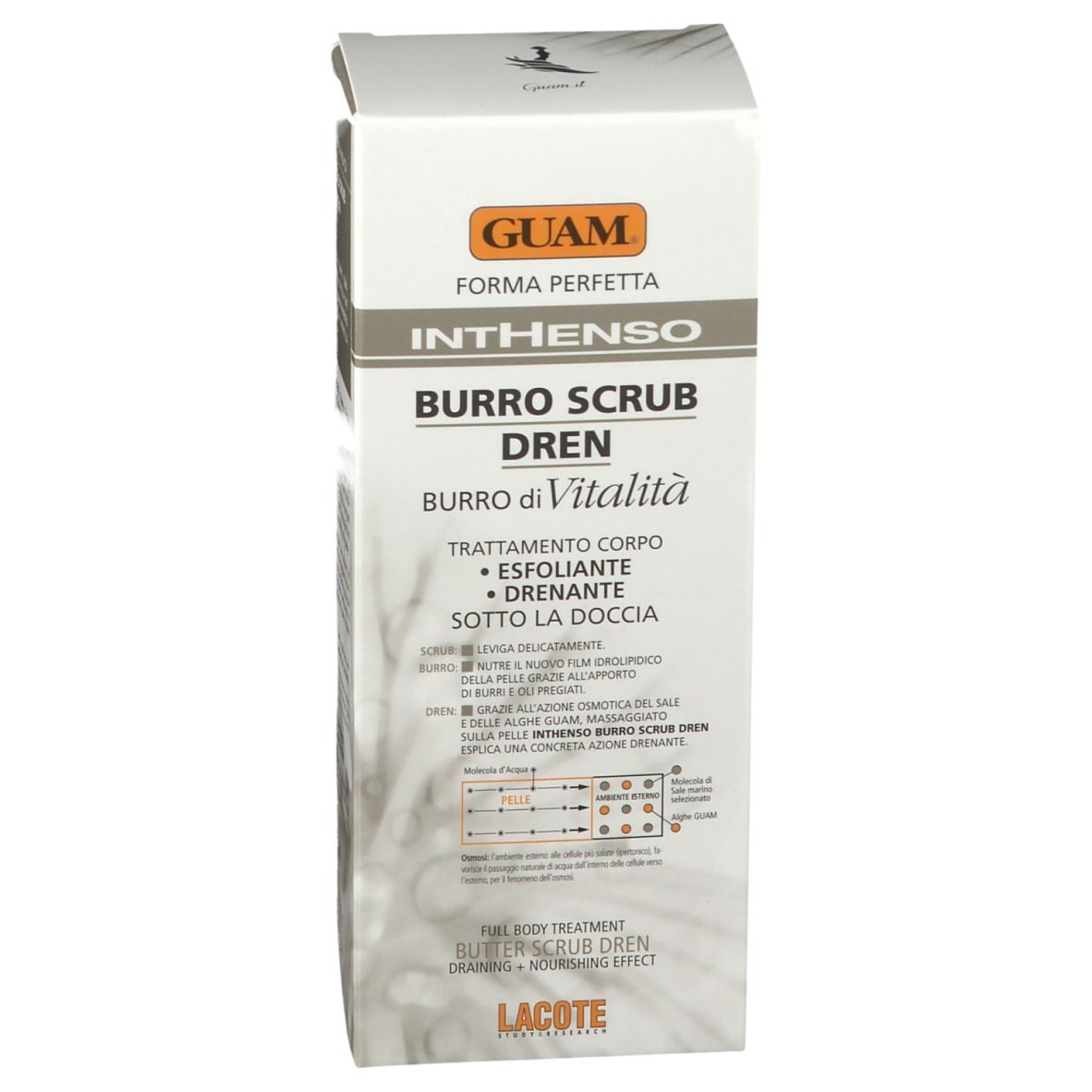 GUAM INTHENSO Burro Scrub Dren Verpackung. Produktinformationen. Weißer Hintergrund. Marke und Produktname sichtbar.