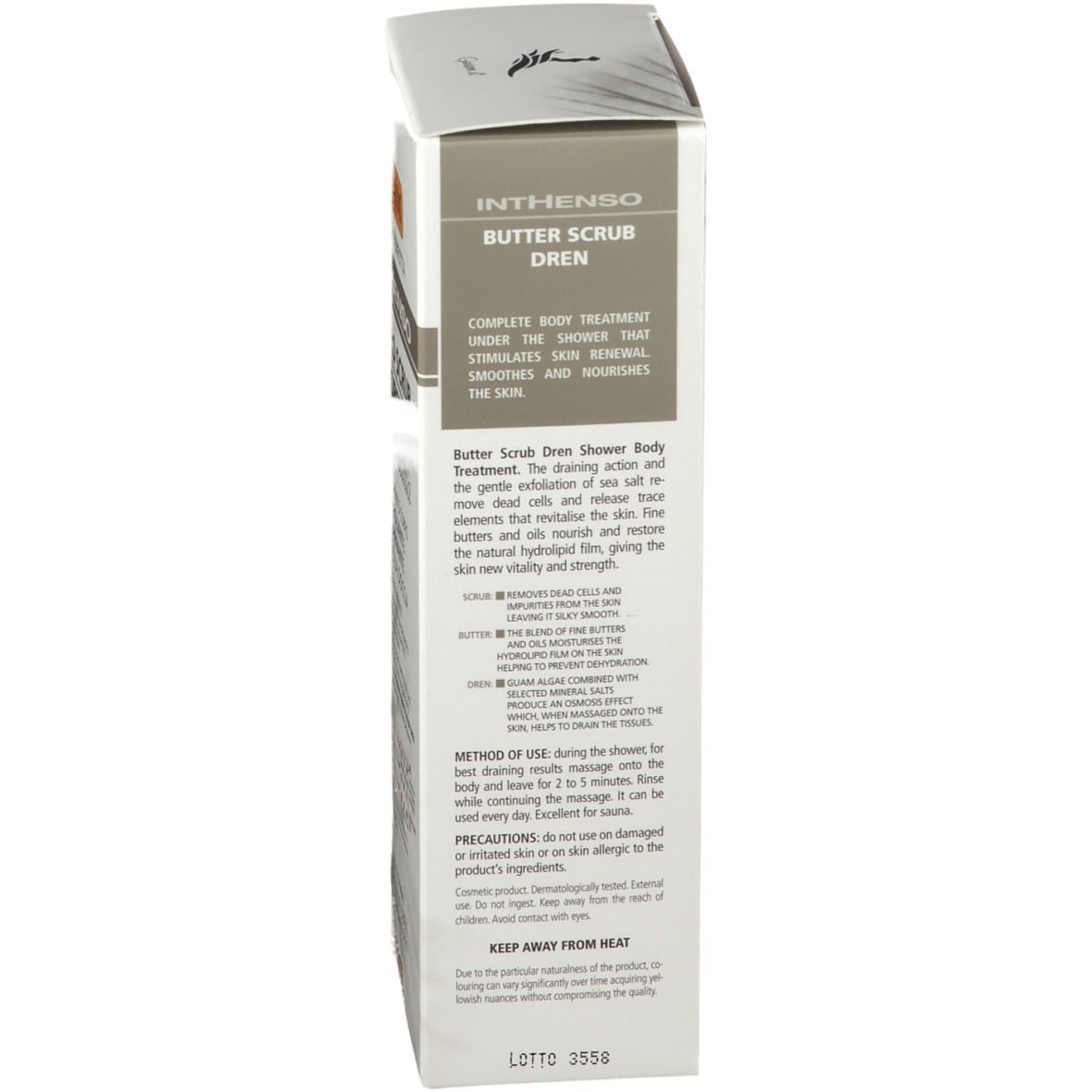 Seite der GUAM INTHENSO Burro Scrub Dren Verpackung. Textinformationen. Weißer Hintergrund.