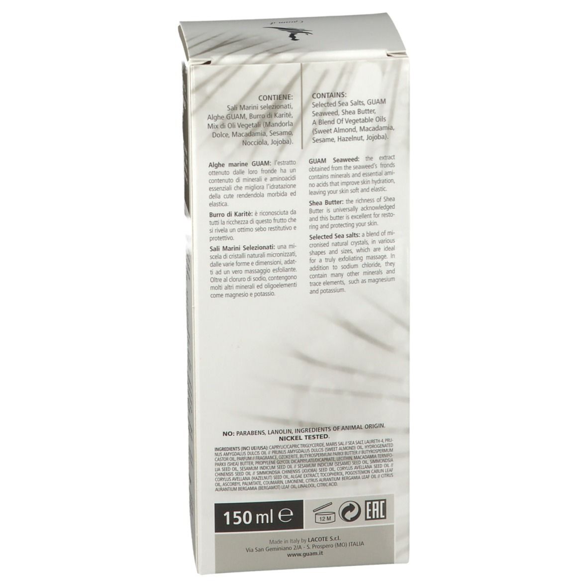 Seite der GUAM INTHENSO Burro Scrub Dren Verpackung. Inhaltsstoffe. Weißer Hintergrund. 150 ml.