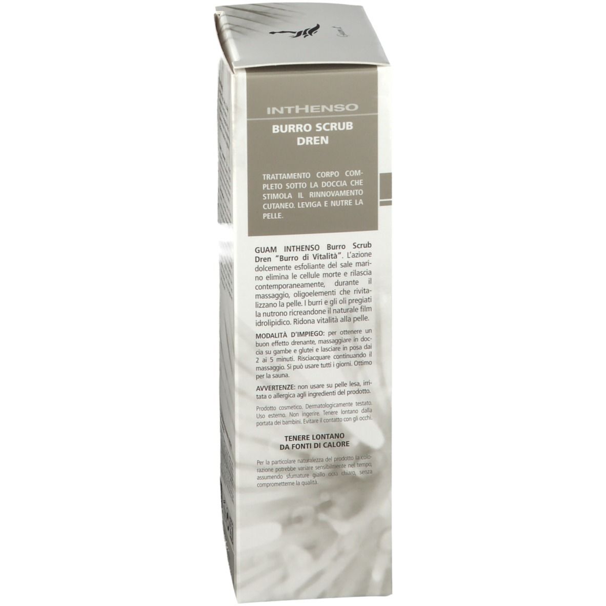 Seite der GUAM INTHENSO Burro Scrub Dren Verpackung. Anwendungshinweise. Weißer Hintergrund.